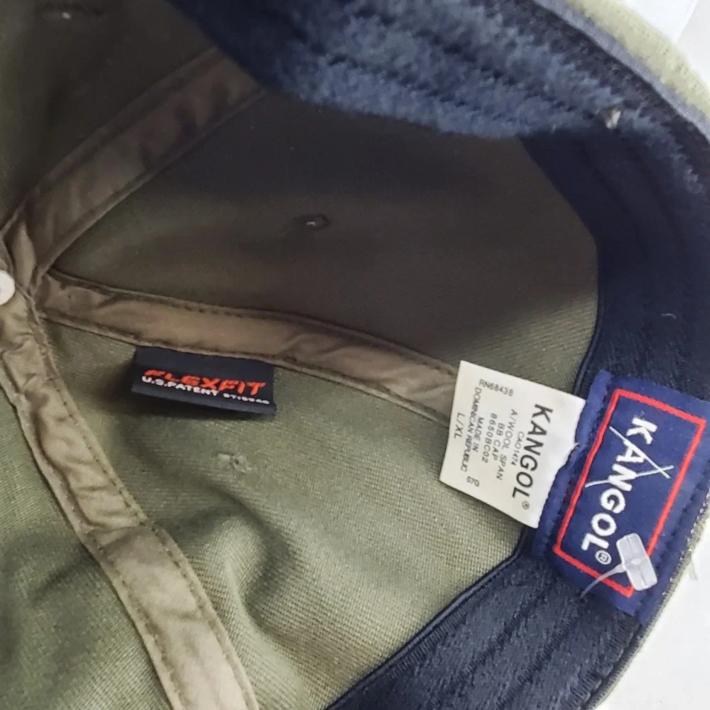 Kangol Flexfit Wool Blend Baseball Cap Olive Green Kangaroo Logo Preppy L/XL
